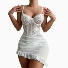 Sexy Lace Mesh Wrap Hip Skirt Steel Ring Gathering Underwear Women's Suspender Lingerie Set